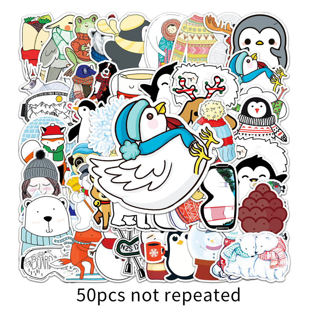 about:5.5-8.5cm 50pcs not repeated cartoon animals winter series waterproof stickers