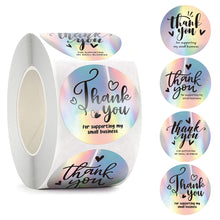 Load image into Gallery viewer, holographic laser heart love thank you letters alphabet round oval waterproof holographic heart thank you waterproof self-adhesive round sticker roll（500pcs/roll）

