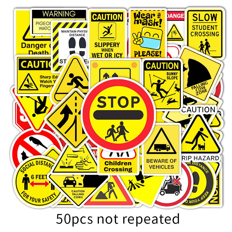 about:5.8-8.5cm 50pcs warning signs cartoon waterproof stickers