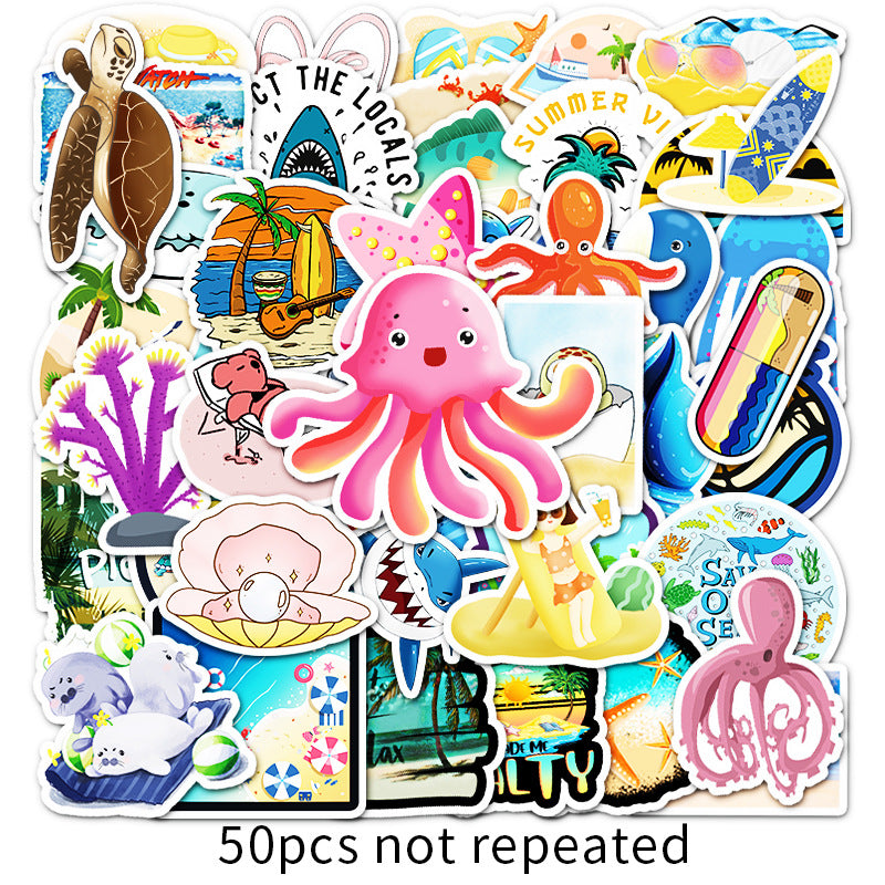 about:5.8-8.5cm  50pcs not repeated ocean series waterproof stickers