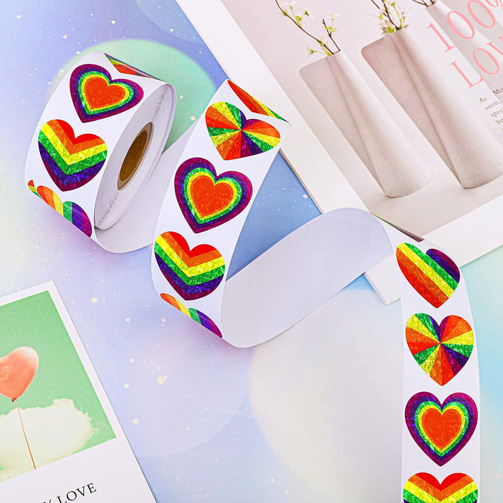 household gadgets heart love valentines day round oval holographic laser rainbow color love holographic sticker 500pieces/roll