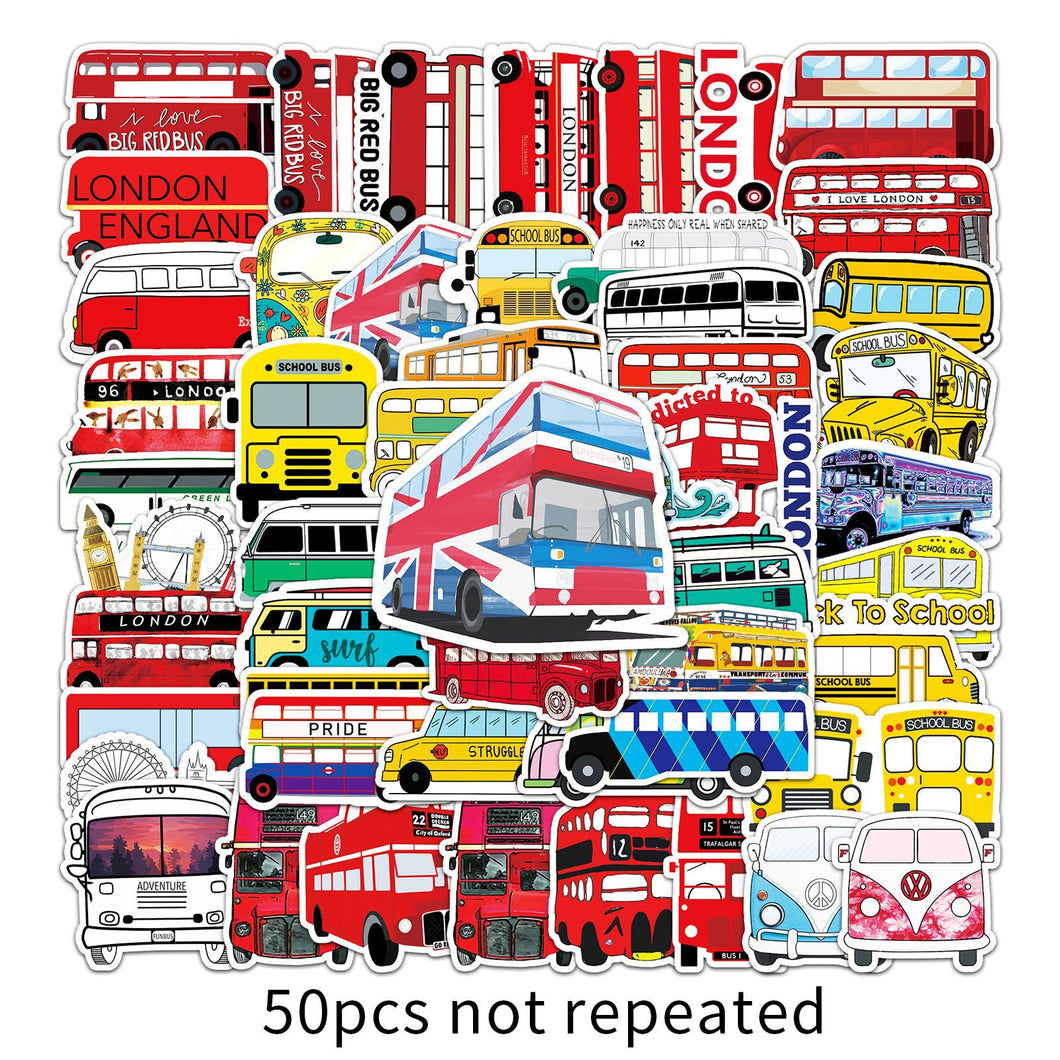 about:5.8-8.5cm 50pcs not repeated bus series waterproof stickers