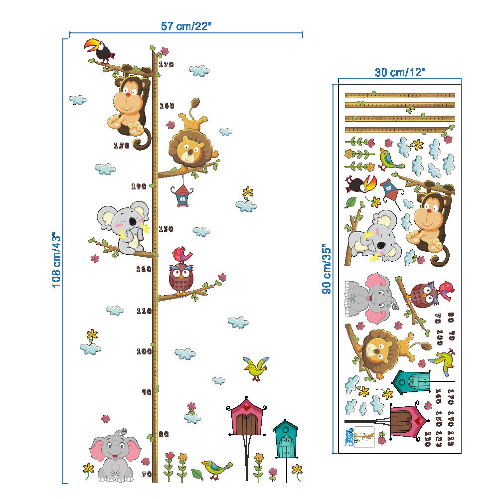 30*90cm Cartoon Animals Lion Monkey Owl Elephant Height Measure Wall Sticker For Kids Rooms Growth Chart Nursery Room Decor Wall Art